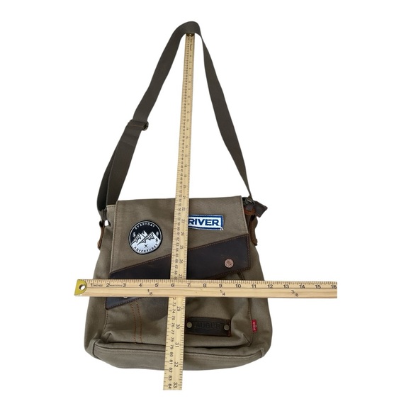 Augur Canvas Messenger Bag Crossbody Khaki Leather Trim Patches - Picture 7 of 7